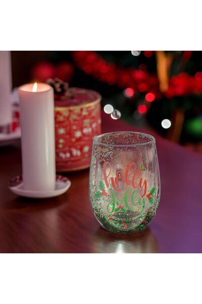 OEM Confetti Double Wall Glass Christmas Tumbler "Holly Jolly" 330ml