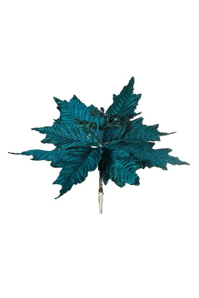 OEM Velvety Emerald Green Christmas Decorative Flower with Champagne Beige Glitter & Clips 25cm