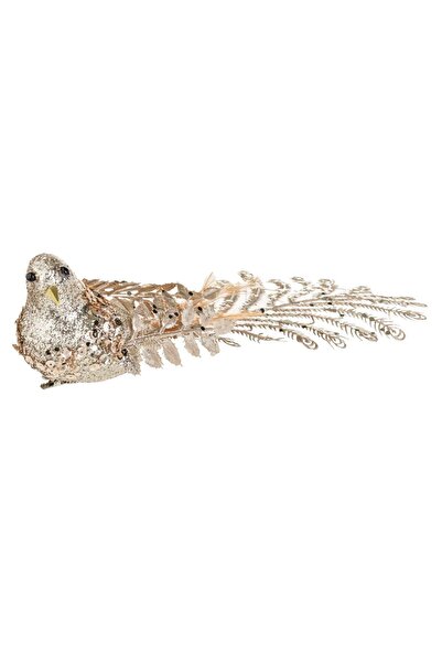 OEM Christmas Decorative Bird with Clip Long Tail & Beige Glitter 35x7x9cm