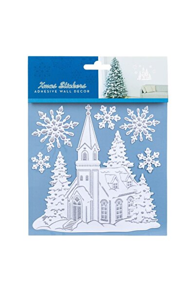 OEM Autocolante Decorative de Craciun Biserica Fulgi Albi Argintii Glitter 18x23cm