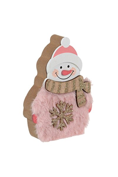 OEM Decoratiune de Craciun din Lemn Om de Zapada cu Blana Roz Glitter Bej Sam...