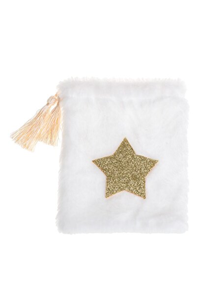 OEM White Faux Fur Christmas Gift Bag with Gold Glitter Star & Beige Drawstring 13x17cm