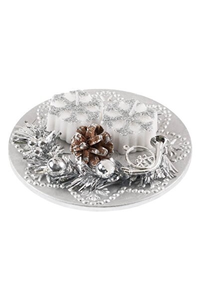 OEM Platou Decorativ Argintiu Conuri Lumanari Fulgi de Craciun 13cm