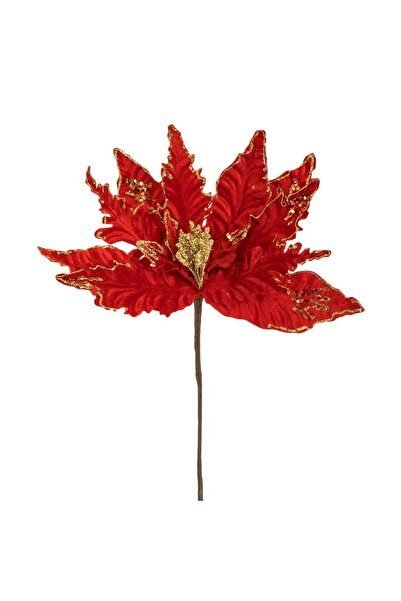 OEM Floare Decorativa de Craciun Rosie Catifelata cu Glitter Auriu 32cm