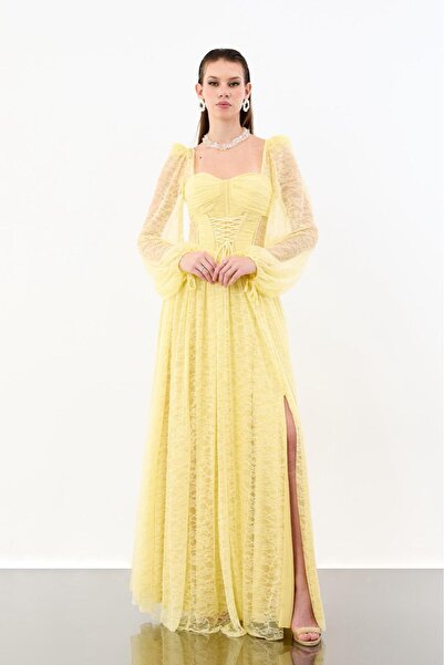 zoezoe Daliya-Ekstra Dar Klalıp Dantelli Balon Kol Korseli Önü Yırtmaçlı Abiye Siyah