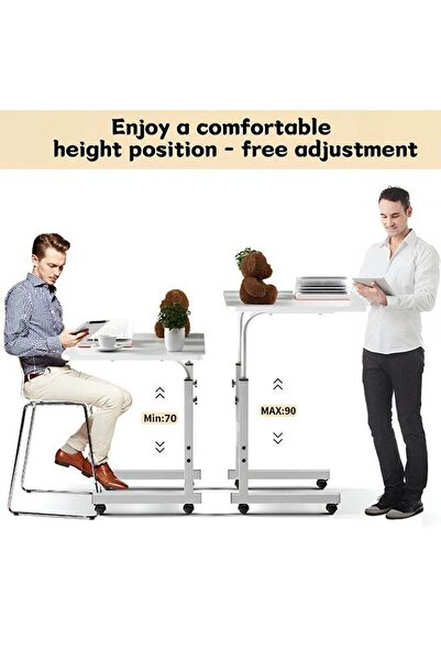 Taimi Adjustable White Side Table with Wheels for Sofa & Living Room - 60W x 90H x 40D cm