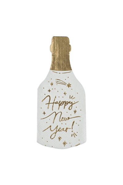 OEM White Champagne Bottle Shaped Napkins with Gold Foil "Happy New Year" 33x33cm - 12pcs