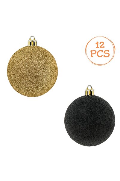 OEM Set of Black Gold Christmas Baubles with Glitter Ø7cm - 12pcs