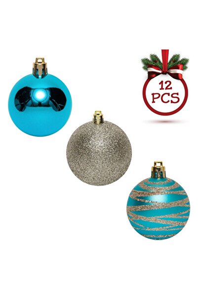 OEM Set of Christmas Baubles Turquoise Glitter Beige Ø5cm - 12pcs