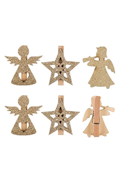 OEM Decorative Wooden Christmas Pliers Angels with Beige Glitter 5cm - 6pcs