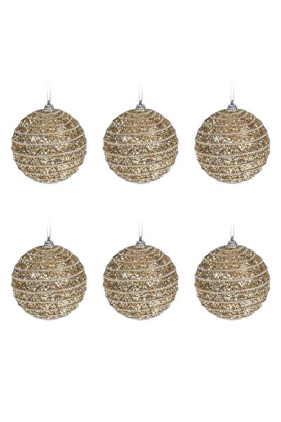 OEM Set Globuri de Craciun Bej Glitter Lant Auriu Ø8cm - 6buc