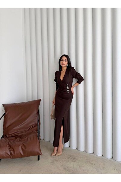 mafdress Women's Double-Breasted Collar Brown Draped and Slit Long Evening Dress