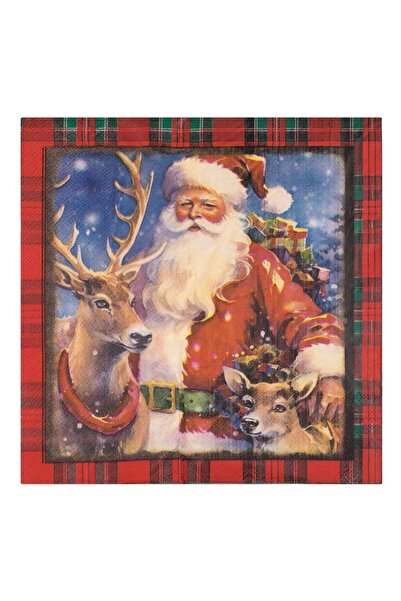 OEM Christmas Table Napkins 2-Ply Red Checkered with Santa Claus Reindeer 40x40cm - 40pcs