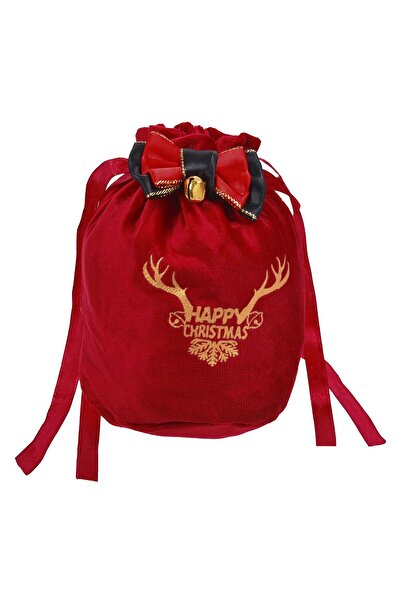 OEM Red Velvet Bag with Gold Horns Bells Bow for Christmas Gifts 14x17cm