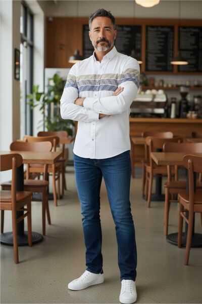 GÖMLEK GALERİSİ Slim Fit Sports Cut Panel Pattern Men's Long Sleeve Shirt