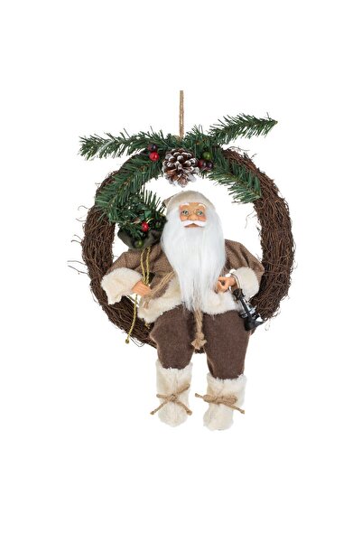 OEM Decorative Wooden Christmas Wreath with Santa Claus in Brown Coat & Lantern Ø30cm