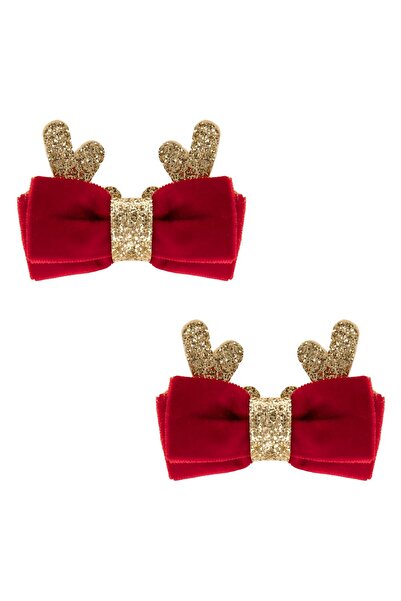 OEM Christmas Hair Clips with Red Velvet Bows & Gold Glitter Horns 6.5cm - 2pcs