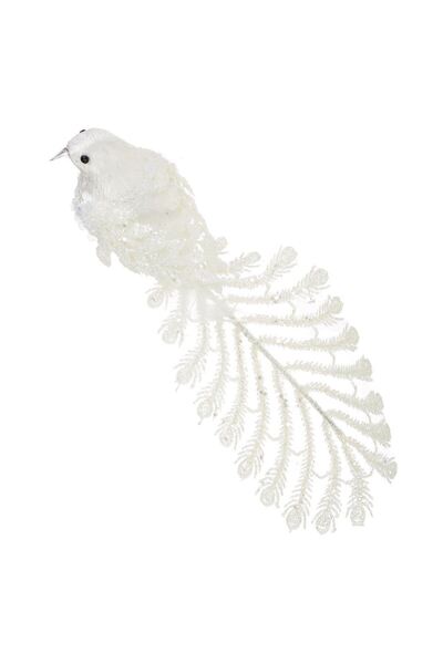 OEM Pasare Decorativa de Craciun cu Clip Coada Lunga & Glitter Alb 35x7x9cm