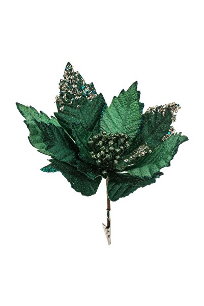 OEM Floare Decorativa de Craciun Verde Smarald cu Paiete Glitter & Clips 30cm