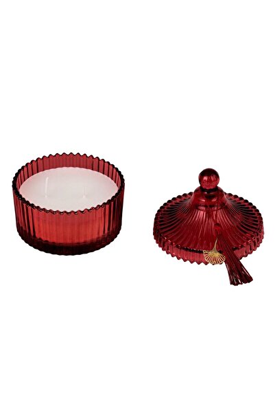 OEM White Christmas Candle in Burgundy Glass Container with Pattern and Lid Ø10.5x12cm