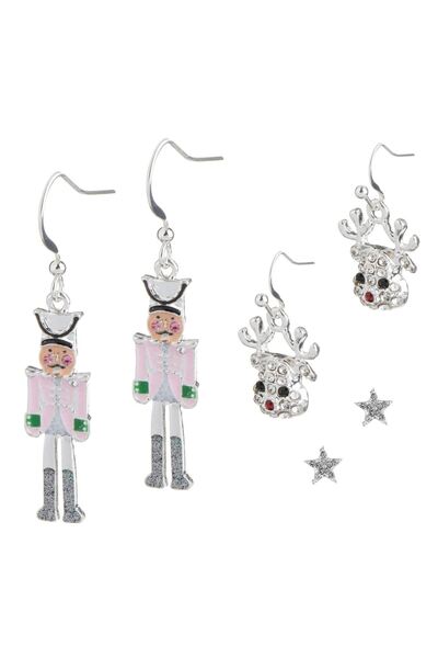 OEM Set of Silver-Colored Christmas Earrings Star Reindeer Nutcracker in Transparent Globe - 3 pairs