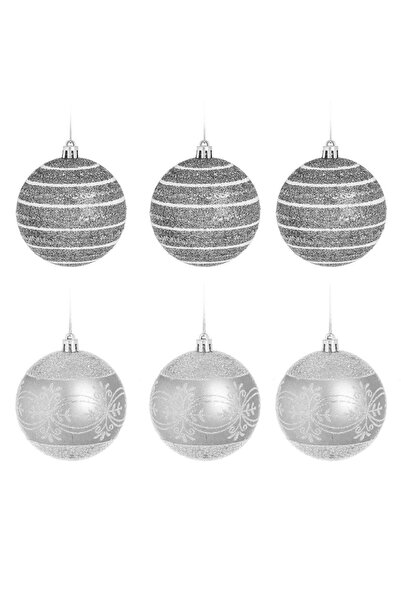OEM Set Globuri de Craciun Argintii cu Modele cu Glitter Ø8cm - 6buc