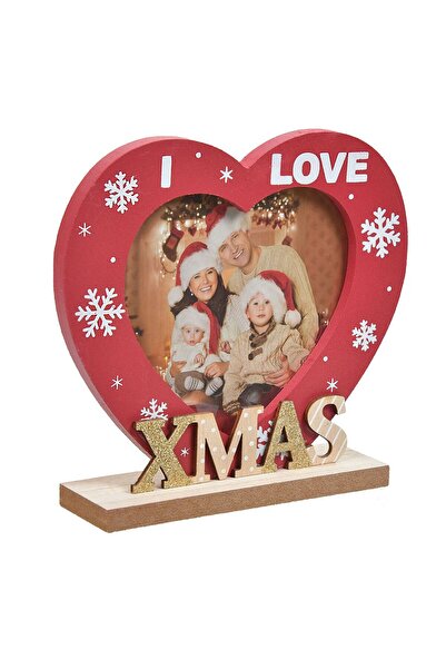 OEM Wooden Photo Frame with Red Christmas Heart "I Love Xmas" 13x15cm