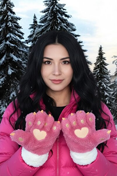 CAŞ DEKORASYON Pink and Cream Paw Strap Plush Gloves