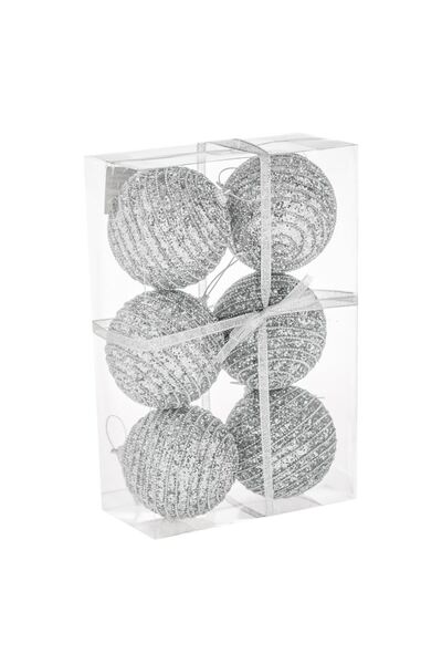 OEM Set Globuri de Craciun Argintii cu Siret Glitter 8cm - 6buc