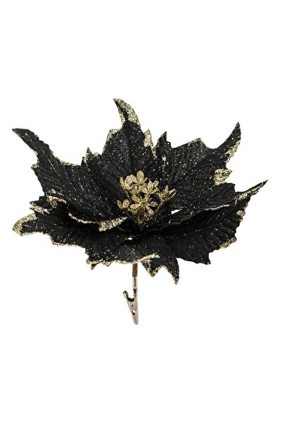 OEM Black Christmas Decorative Flower with Gold Glitter & Clips 27cm