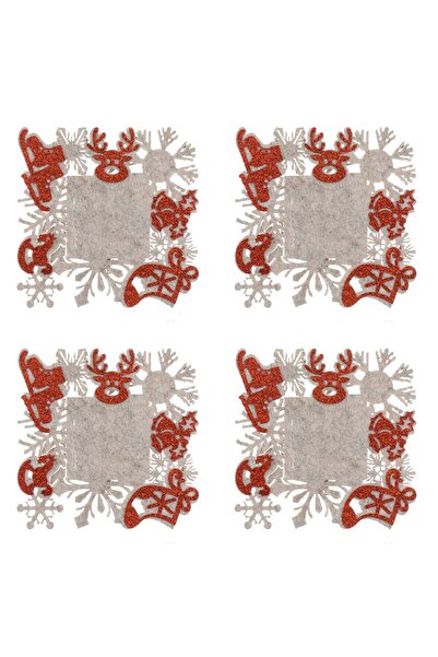 OEM Set of Christmas Felt Coasters Beige Grey Snowflakes Red Glitter Figurines 12x12cm - 4pcs