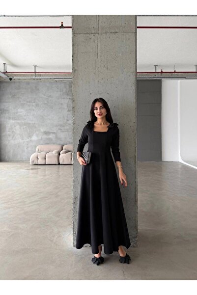 mafdress Kadın Fiyonk Detay siyah Kare Yaka Uzun Abiye Elbise