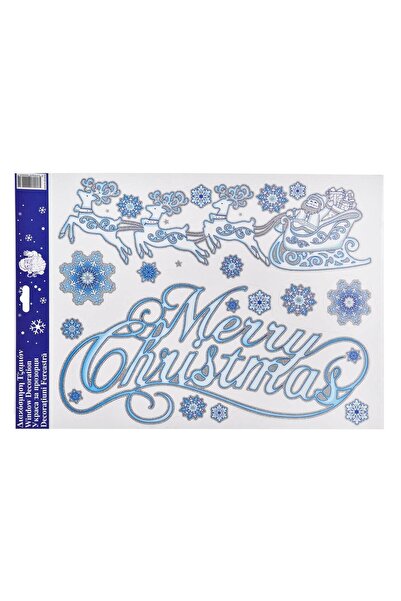 OEM Autocolante Decorative de Craciun "Merry Christmas" Sanie Fulgi Albastri Glitter 30x42cm
