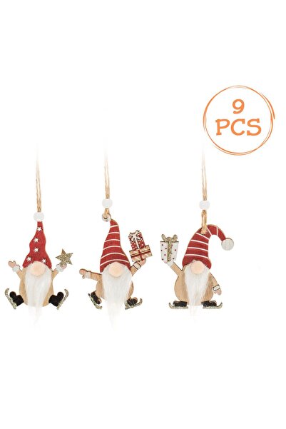 OEM Christmas Tree Ornaments Set Wooden Gnome Figurines with 3 Models Red White 7cm - 9pcs