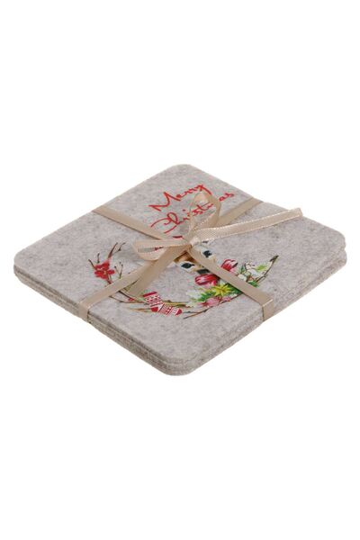 OEM Set of Christmas Felt Coasters in Grey with Reindeer Pattern 12x12cm - 3pcs