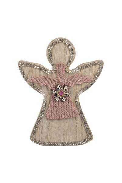 OEM Wooden Angel with Nude Pink Faux Fur & Rhinestones Christmas Decoration 11x14cm