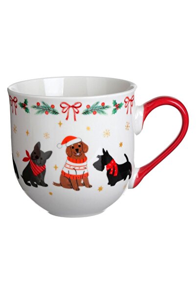 OEM White Ceramic Christmas Mug with Dog Pattern & Red Handle 450ml