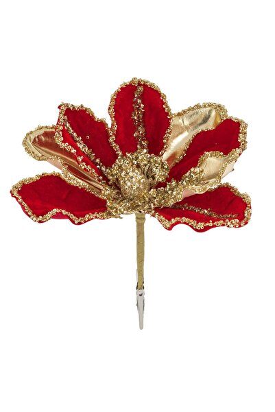 OEM Floare Decorativa de Craciun Rosie Catifelata cu Margele Aurii & Clips 20...