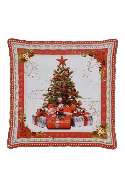 OEM Platou de Craciun din Sticla Rosie Brad Impodobit 30x30cm