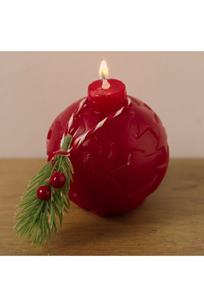OEM Lumanare Glob de Craciun Rosu cu Stele Reliefate si Crenguta - Ø7,5 cm