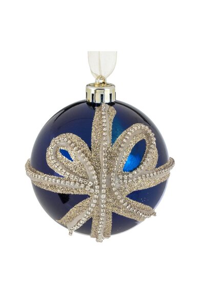 OEM Ornament Brad de Craciun Glob Albastru Lucios cu Glitter Bej & Strass Fundita Ø8cm