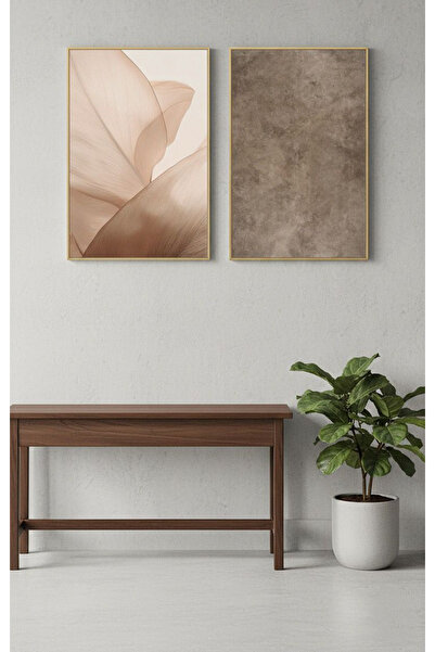 Linacci 2li Gold Metal Çerçeve Bej Kahve Çiçek Camlı Tablo Seti