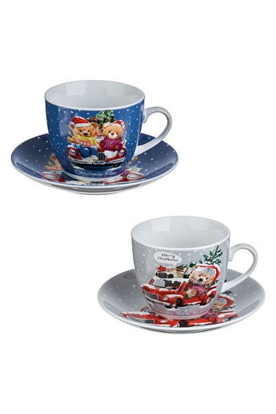 OEM Set of Blue Porcelain Christmas Cups with Bear & Saucer 200ml - 2pcs