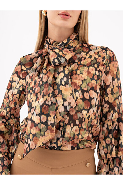 ANEF NORA Volan Kollu Metalik baskı Çiçek Desenli Kadın Gömlek