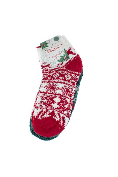 OEM Ecru Green Christmas Short Socks with Jacquard Pattern Anti-Slip for Women (36-42) - 2 pairs