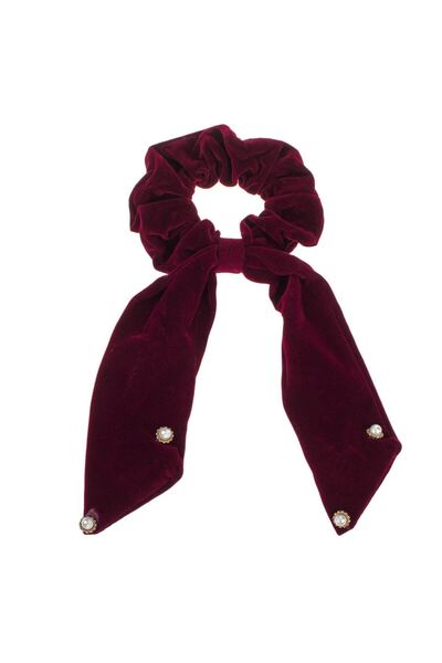 OEM Handmade Burgundy Velvet Textile Hair Scrunchie with Ribbon & Pearls