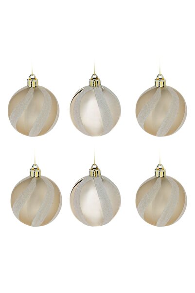 OEM Set Globuri de Craciun Bej Sampanii cu Dungi Albe Holografice Ø6cm - 6buc