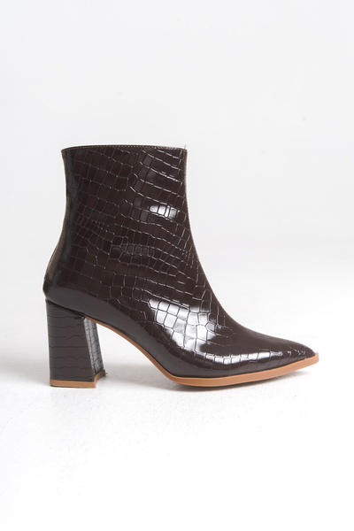 LEVONYA Women's Brown Crocodile Patent Leather Thick Heeled Zippered Boots