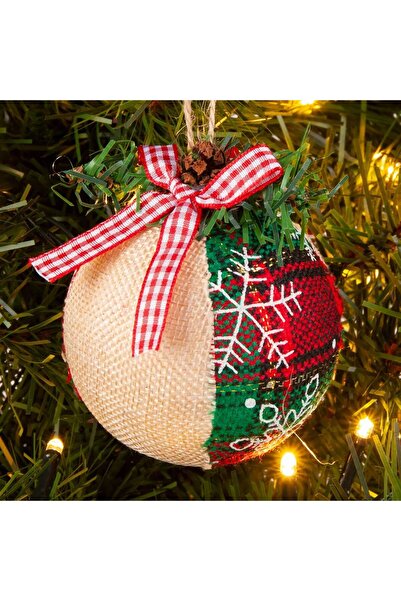 OEM Set of Red Beige Checkered Christmas Baubles 8cm - 6pcs