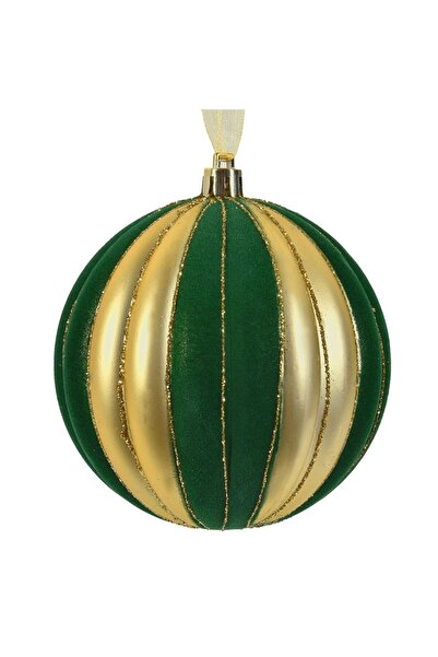 OEM Decorative Christmas Ornament Velvet Green Globe with Matte Gold Stripes & Rhinestones Ø10cm